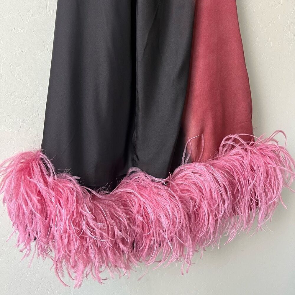 Satin Halter Feather Hem Mini Dress - Black & Rose Pink - Picture 4 of 11